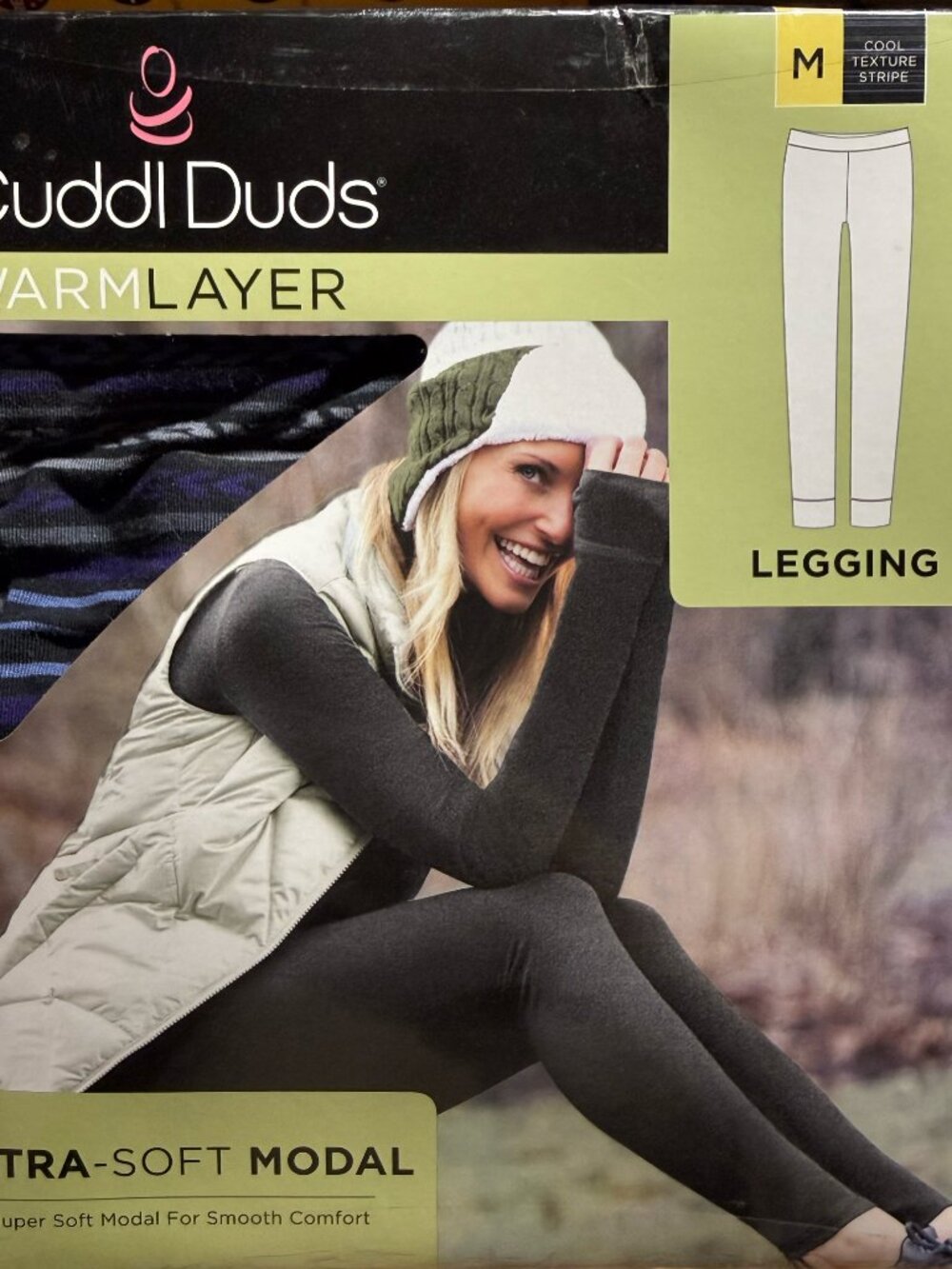 NIB Cuddl Duds WarmLayer Ultra-Soft Modal Leggings Medium Cool Texture Stripe